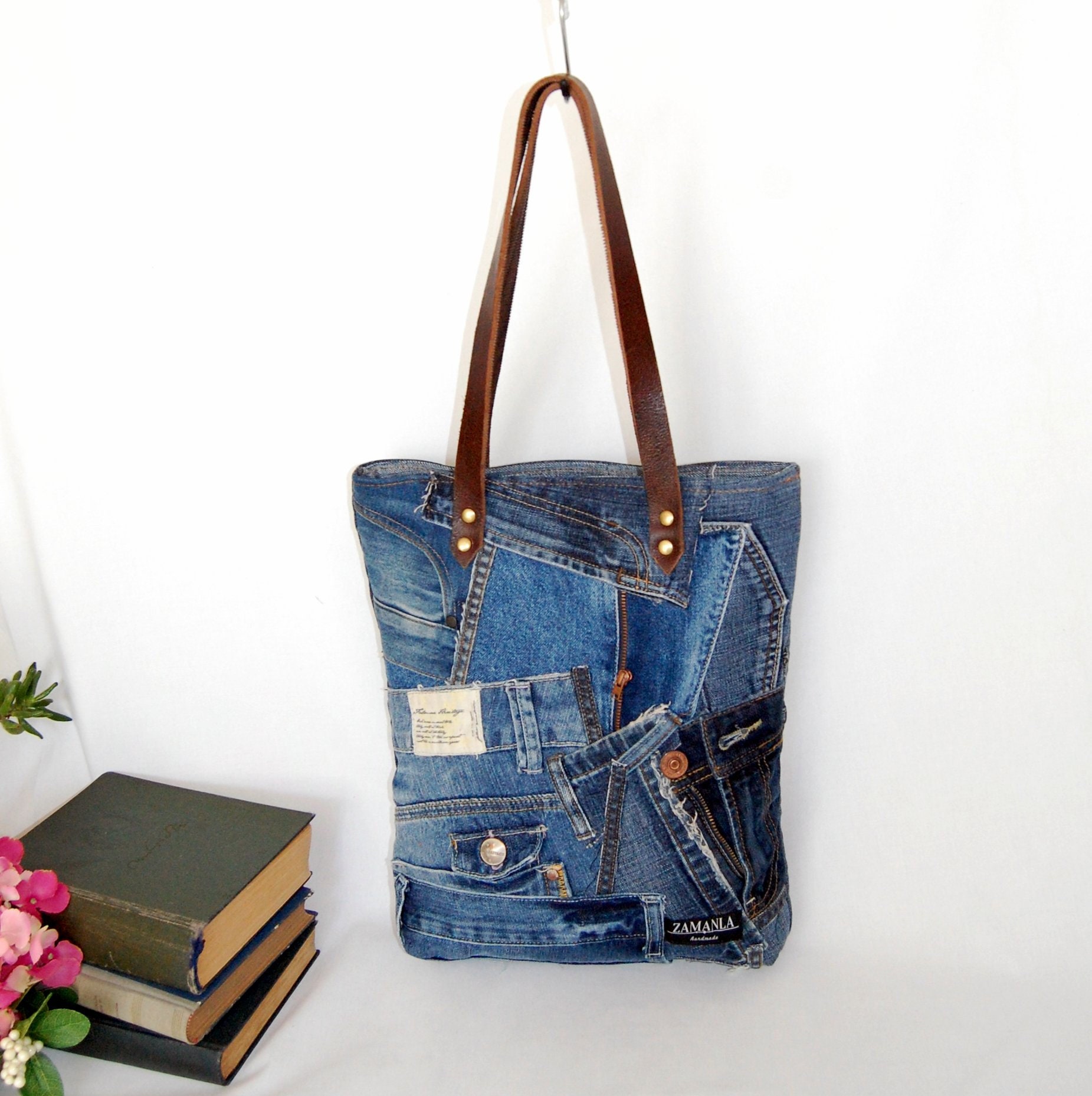 Recycled Jeans Tote Bag With Zipper Patchwork Tote Bag for - Etsy