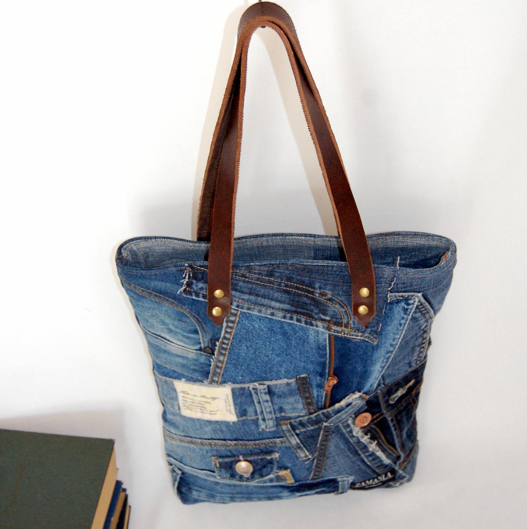 Recycled Jeans Tote Bag With Zipper Patchwork Tote Bag for - Etsy