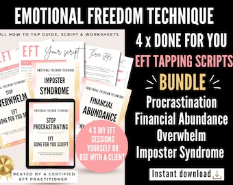 Könnte beinhalten: Ein digitales Download-Paket mit vier EFT-Klopf-Skripten zur Überwindung von Prokrastination, finanziellem Überfluss, Überforderung und dem Imposter-Syndrom. Das Paket beinhaltet einen Leitfaden, ein Skript und Arbeitsblätter. Das Bild zeigt ein rosa-gelbes Farbschema mit dem Text "EFT Tapping Scripts Bundle" in goldener Schrift.