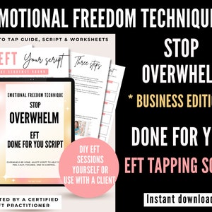 以下が含まれることがあります： 感情解放テクニック（EFT）のタッピングスクリプトをダウンロードして、圧倒感を管理しましょう。スクリプトのタイトルは「Stop Overwhelm: Business Edition」で、すぐに使えます。画像には、ガイド、ワークシート、3ステップのプロセスも含まれています。