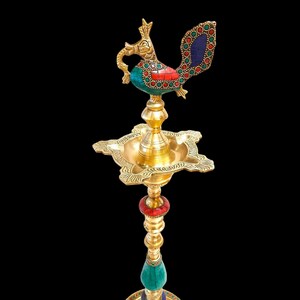 Colorful kuthu vilakku Brass diya lamp ,brass Kuthu Vilakku with stone work,annapakshi,brass oil lamp,Traditional diya image 5