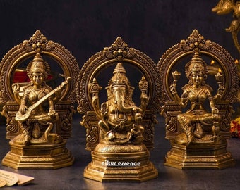 10" Laxmi Ganesha Saraswati Brass Statue, Home Decor Gift, Indian Brass Art, Brass God Idol, Brass Figurine Large, Diwali gift