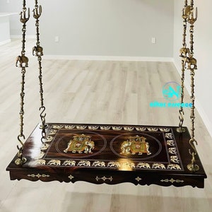wooden swing with brass chains and all accessories with Unique inlay handwork,7 feet chains, 4 feet wooden Swing/jhula with brass chain