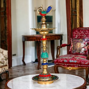 Colorful kuthu vilakku Brass diya lamp ,brass Kuthu Vilakku with stone work,annapakshi,brass oil lamp,Traditional diya image 1