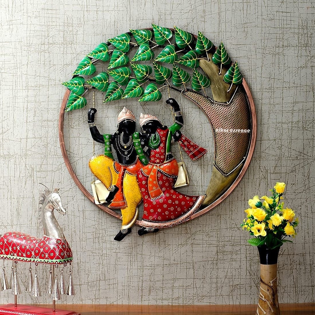 Round Krishna With Tree Indian Metal Wall Art, Home Decor Gift, Metal