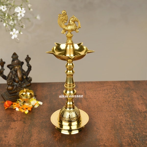 Kuthu Vilakku, annapakshi, Brass diya Stand with Four Diyas , Long Brass diya stand, Traditional diya