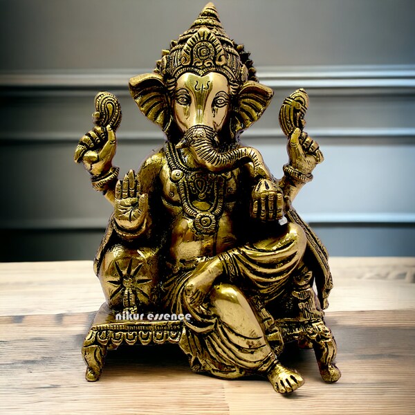 9" Ganesha Brass Statue, Home Decor Gift, Indian Brass Art, Brass God Idol, Brass Sculpture, Brass Figurine Large, Home Decor Statue