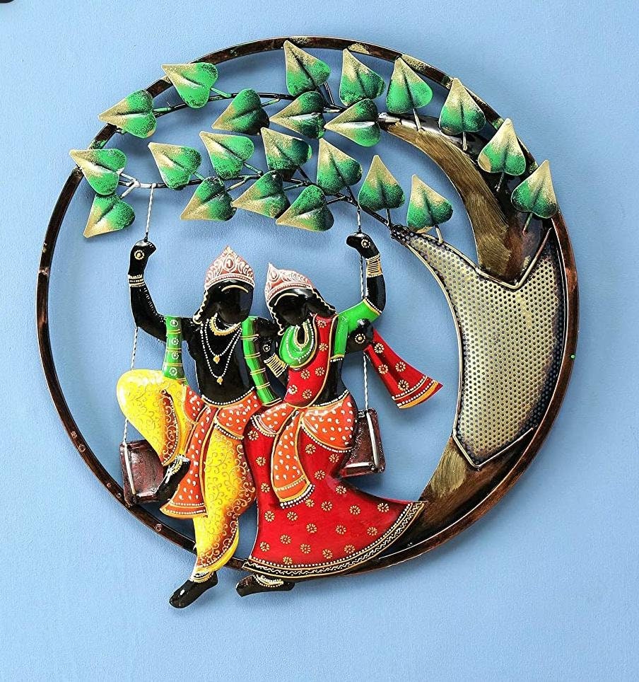 Round Krishna With Tree Indian Metal Wall Art Home Decor Etsy