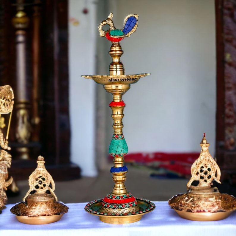 Colorful kuthu vilakku Brass diya lamp ,brass Kuthu Vilakku with stone work,annapakshi,brass oil lamp,Traditional diya image 4