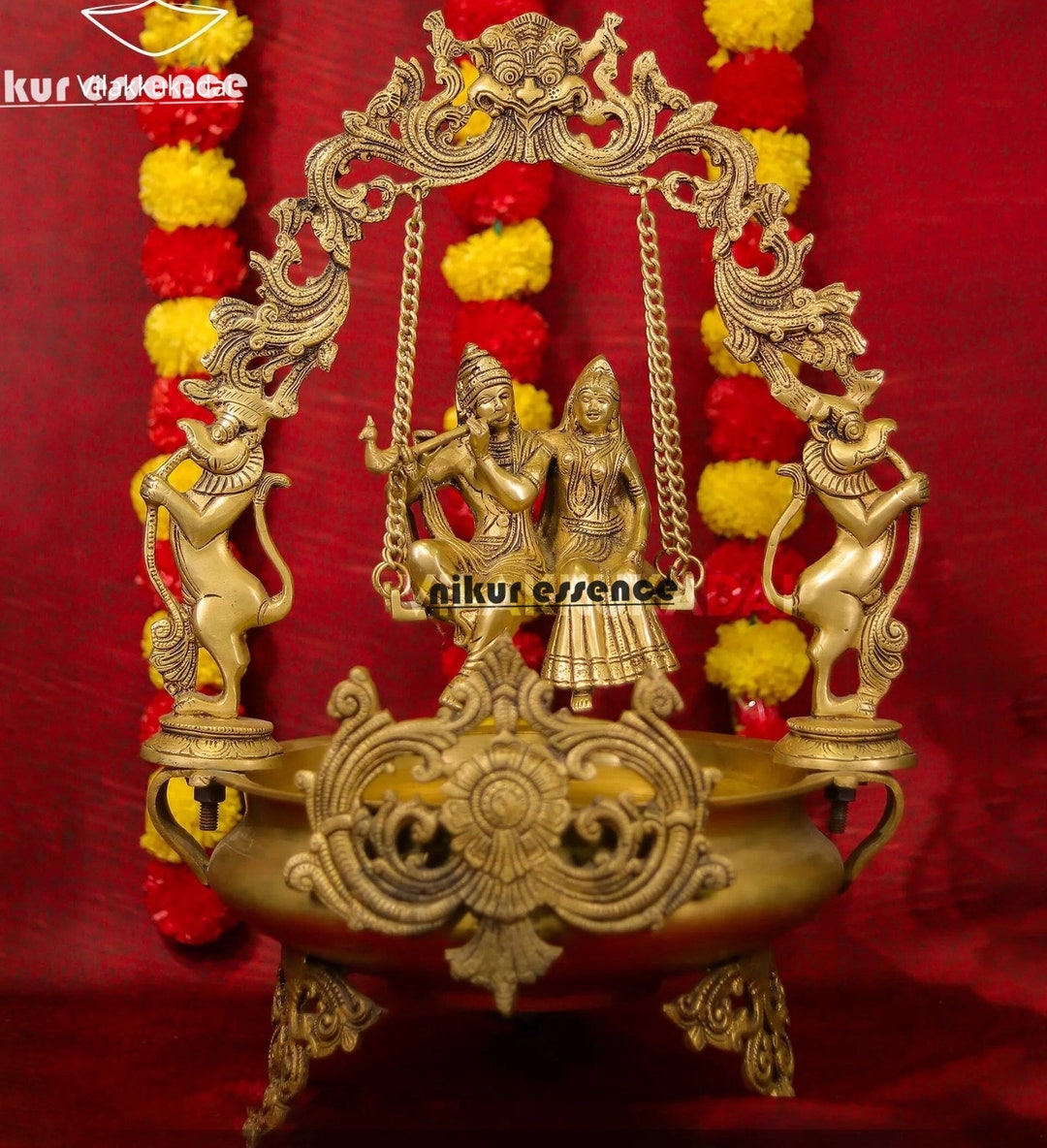 Radha Krishna Brass Urli With Jhoola, Big Brass Radhe Krishna Swing