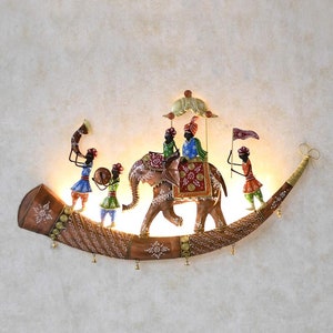 Rajasthani Elephants and Musiciansn on trumphet with LED Wall Hanging Sculpture Metal Centre Piece Art Antique Wall Art, wall hangings