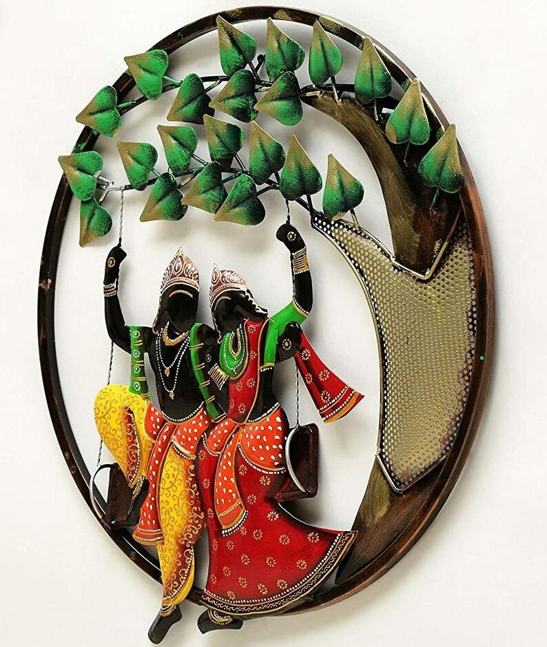 Round Krishna With Tree Indian Metal Wall Art Home Decor Etsy