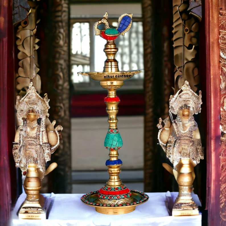 Colorful kuthu vilakku Brass diya lamp ,brass Kuthu Vilakku with stone work,annapakshi,brass oil lamp,Traditional diya image 3