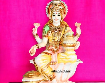 Small Lakshmi Cultured Marble Idol, 16 cm Hand Painted Cultured Marble Money Godess Arts, Speech, Wisdom & Learning