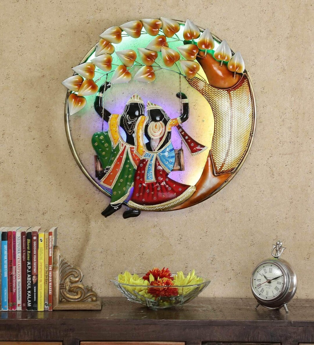 Radha Krishna With LED Wall Hanging Sculpture Metal Centre Piece Art