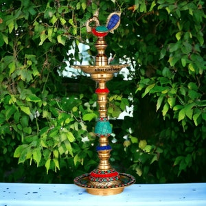 Colorful kuthu vilakku Brass diya lamp ,brass Kuthu Vilakku with stone work,annapakshi,brass oil lamp,Traditional diya image 9