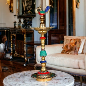 Colorful kuthu vilakku Brass diya lamp ,brass Kuthu Vilakku with stone work,annapakshi,brass oil lamp,Traditional diya image 2