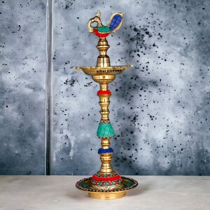 Colorful kuthu vilakku Brass diya lamp ,brass Kuthu Vilakku with stone work,annapakshi,brass oil lamp,Traditional diya image 7