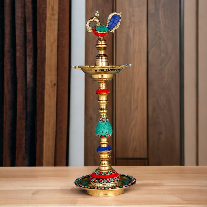 Colorful kuthu vilakku Brass diya lamp ,brass Kuthu Vilakku with stone work,annapakshi,brass oil lamp,Traditional diya image 8