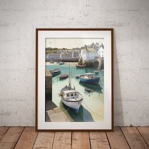 Fishing boat in harbour, Cornwall, Watercolour digital download