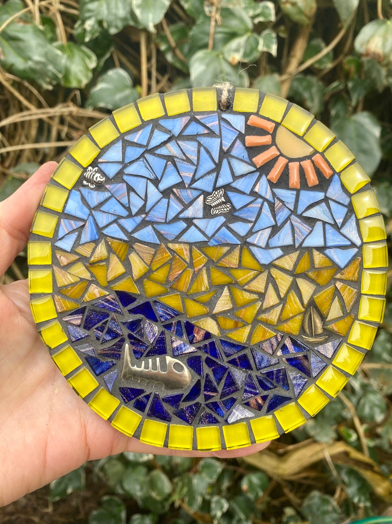 Art de la mosaïque, plaque de bord de mer en mosaïque, mosaïque pour mur de jardin, art mural de plage, mosaïque de jardin, cadeau sur le thème de la plage, art de bord de mer, décoration de maison de plage image 6