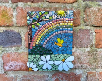 Rainbow garden mosaic wall art, handmade unique mosaic