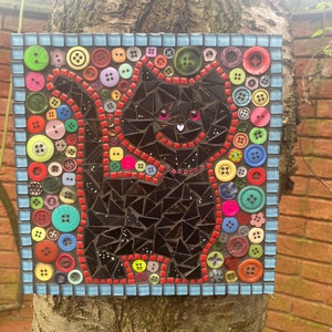 Mosaic art, black cat mosaic, garden wall decor, gift for cat lovers, cat wall art, garden mosaic, cat gift, black cat wall art, button art