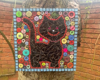 Mosaic art, black cat mosaic, garden wall decor, gift for cat lovers, cat wall art, garden mosaic, cat gift, black cat wall art, button art