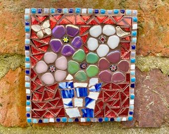 Oeuvre d'art florale, décoration de jardin, art de la mosaïque, carreau de mosaïque, art mural de jardin, cadeau de jardin pour elle, décoration d'intérieur en mosaïque, cadeau de fleur pour la fête des mères