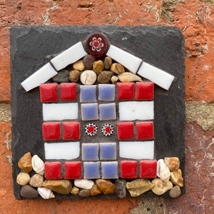 Beach Hut Mosaic: Slate Tile Coastal Garden Art (4x4 inches)