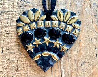 Black and gold mosaic heart wall art, stocking filler, home decor, Halloween decor, mosaic hanging heart