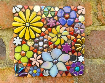 Mosaic plaque, garden decor, flower mosaic, handmade gift for garden, garden mosaic, mosaic wall art, mixed media art, mosaic art gift