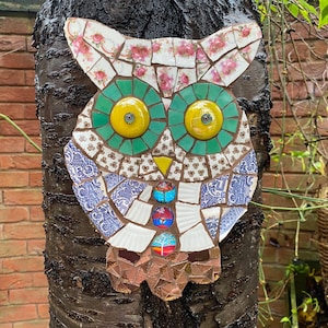 Tapiz de pared de mosaico de búho, arte de técnica mixta