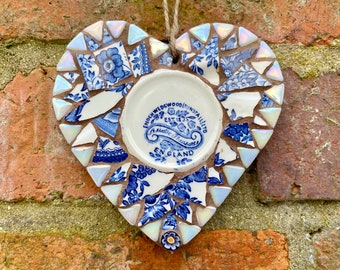 Garden mosaic heart, garden decor, mosaic art,  blue heart wall art, mosaic tile, wedgewood china art, boho decor, garden gift, gift for him