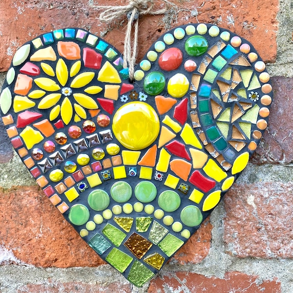 Mosaic garden heart, wall decor, garden decor, bright hanging heart, garden mosaic heart, mosaic garden ornament