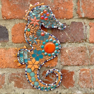 Unique mosaic Seahorse, coastal decor, handmade mosaic seahorse, beach house decor, seahorse wall hanging, bathroom art, bathroom decor