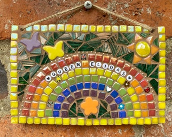 Mosaic rainbow garden plaque, personalised rainbow garden wall hanging, garden decor, mosaic art, memorial rainbow, pet memorial