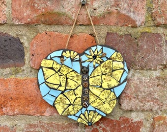 Butterfly Mosaic Art: Handmade Slate Garden Heart