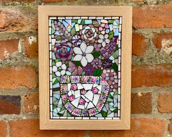 Mosaic wall plaque, garden decor, flower mosaic, handmade gift for garden, garden mosaic, Mothers Day unique handmade gift, bespoke art gift