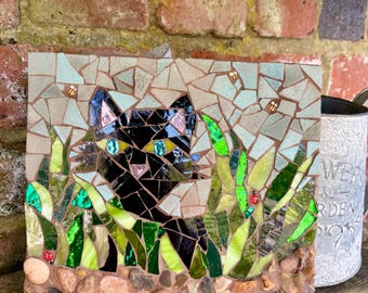 Handmade Iridescent Mosaic Cat Art Plaque, Garden Wall Decor (23x20cm)