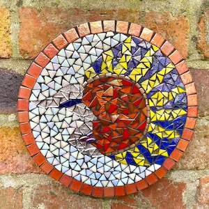 Mosaic wall plaque, sun and moon mosaic, garden art, bespoke mosaic art, housewarming garden gift, garden decor, celestial mosaic