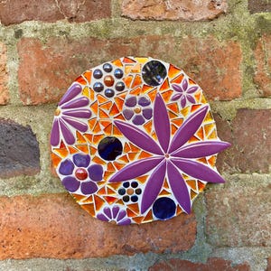 Mosaic wall decor, garden wall art, home wall decor, orange and purple art, housewarming gift, mosaic flower art, unique handmade gift her
