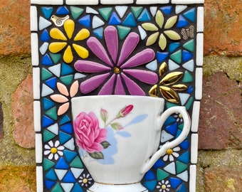 Mosaic wall plaque, teacup mosaic, broken china mosaic, bespoke wall art, garden wall decor, housewarming gift for garden, boho art decor