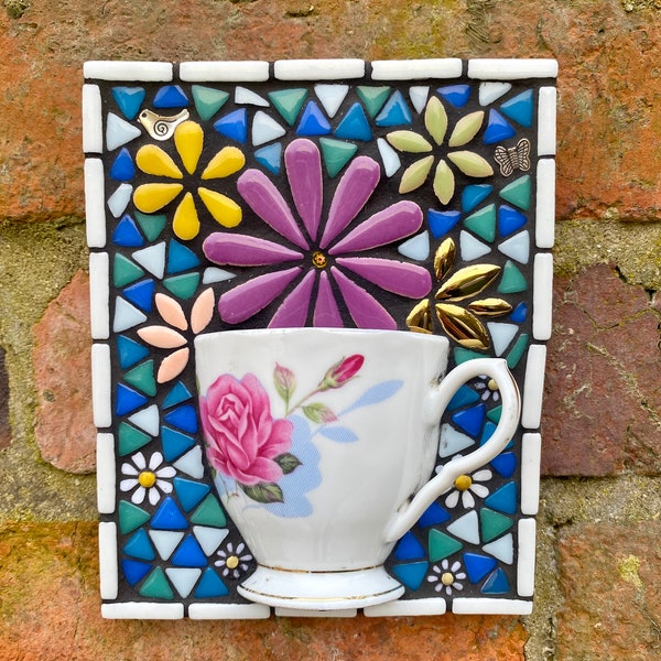 Mosaic wall plaque, teacup mosaic, broken china mosaic, bespoke wall art, garden wall decor, housewarming gift for garden, boho art decor