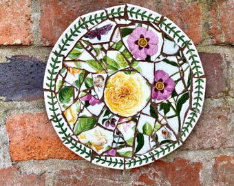 Broken china mosaic, mosaic wall plaque, recycled art, garden wall decor, anniversary gift, mosaic wall art, Mother’s Day handmade gift,