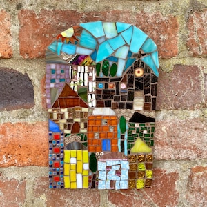 Handmade Mosaic Village Scene Wall Art: Weatherproof Garden Decor