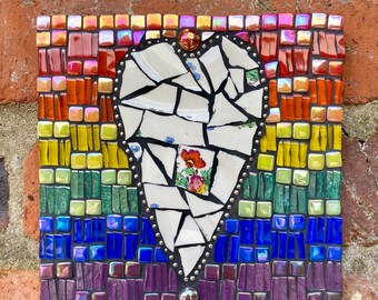 Mosaic garden wall plaque, garden decor, rainbow art, mosaic for garden wall, handmade gift for garden, unique gift, pride rainbow heart