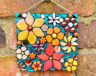 Mosaic plaque, garden decor, flower mosaic, handmade gift for garden, garden mosaic, mosaic wall art, mixed media art, art gift for him