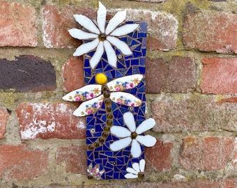 Mosaic dragonfly wall plaque, handmade garden art