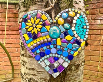 Mosaic art, personalised wedding, engagement gift, mosaic garden wall plaque, unique gift for couple, heart shaped gift, mosaic heart garden